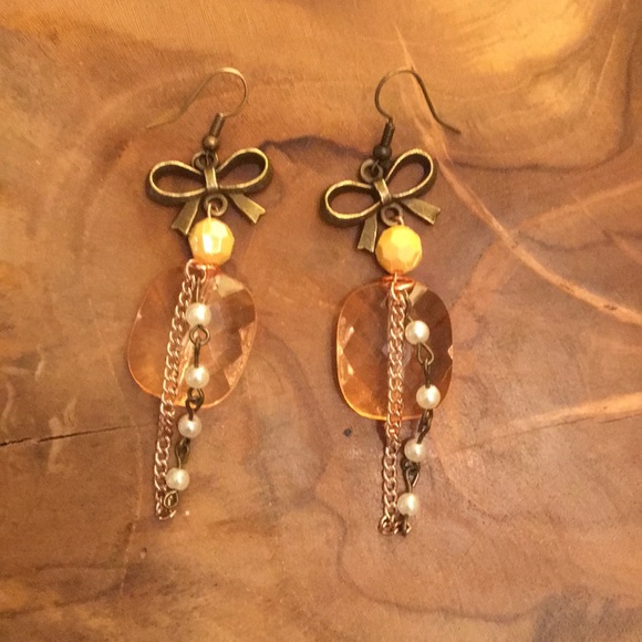 Champagne Peach + Pearl Tassel Bow Boho Statement Earrings - Picture 3 of 6